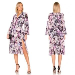 MISA Los Angeles Merce Purple Floral Ruffle Neck Tiered Midi Dress Size S